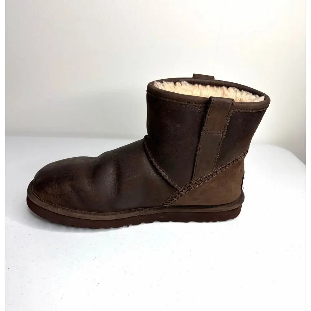 UGG Mini Deco Boots Men's Sz 7 Brown Leather Shearling 1008621 Comfort Casual